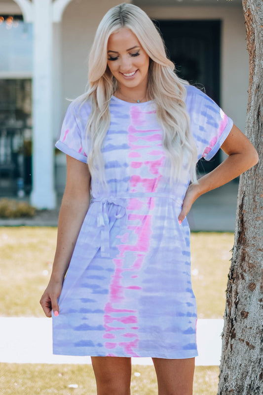 Women Tie-Dye Belted T-Shirt Dress - Enfance-Heureuse