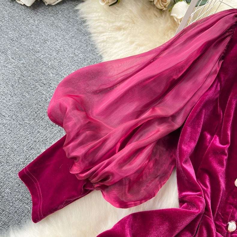 Vintage Velvet Dress High-end Affordable Luxury Niche Lantern Sleeve Slim Mid-length Split Knee-length Court Style Dress - Enfance-Heureuse