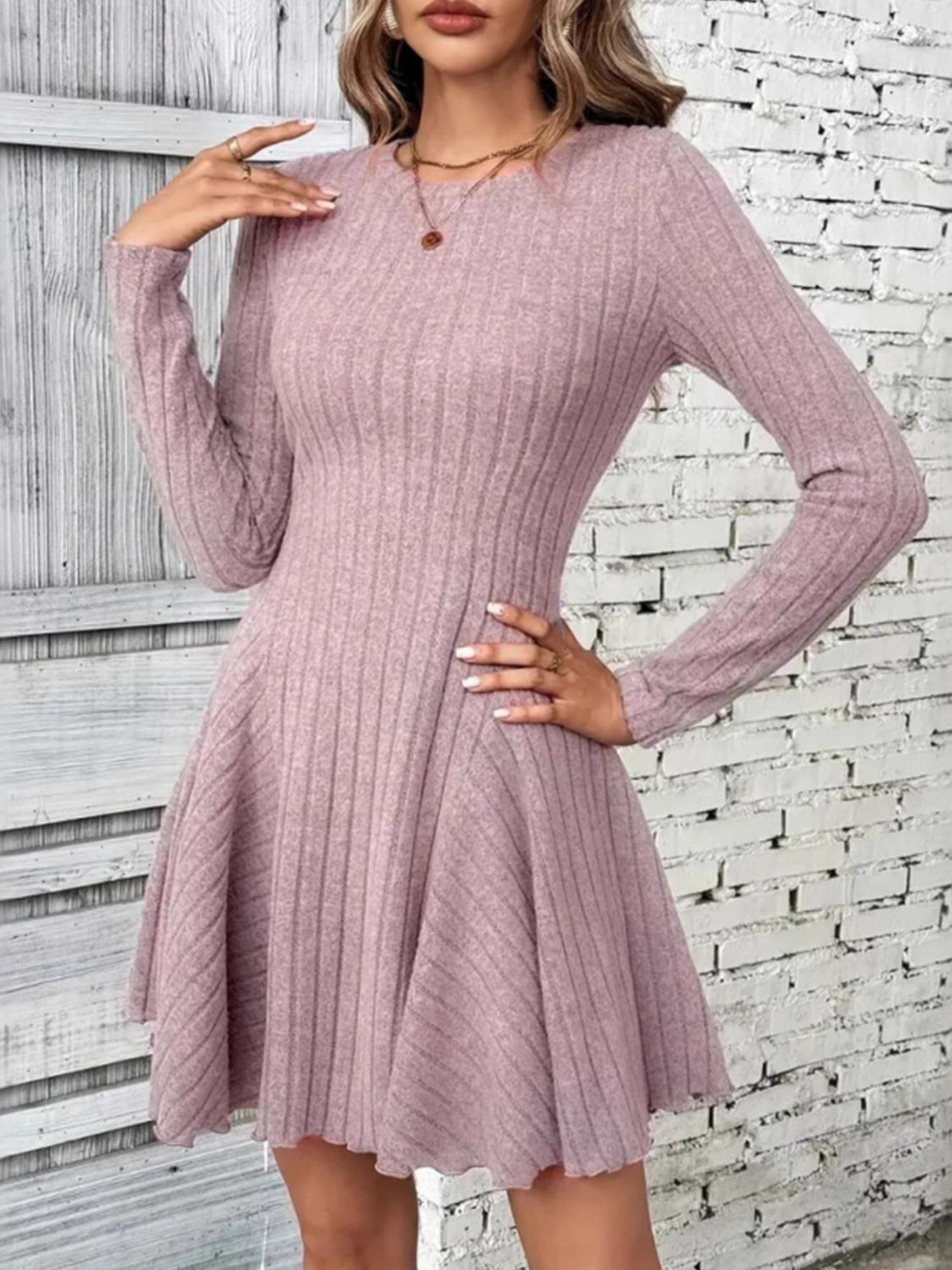 Ribbed Round Neck Long Sleeve Mini Dress - Enfance-Heureuse