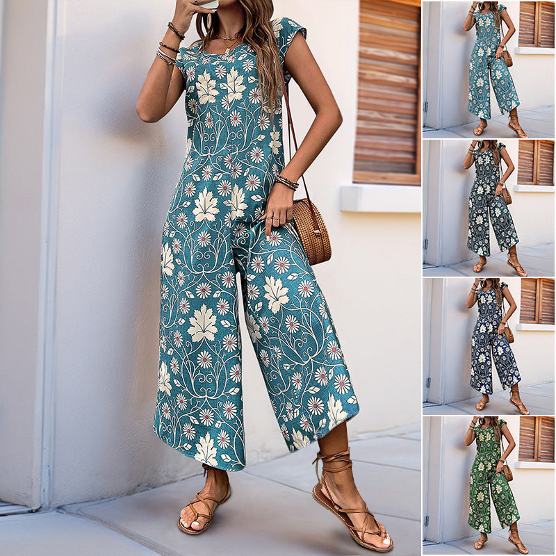 European And American Jumpsuit Printed Wide Leg Jumpsuit - Enfance-Heureuse