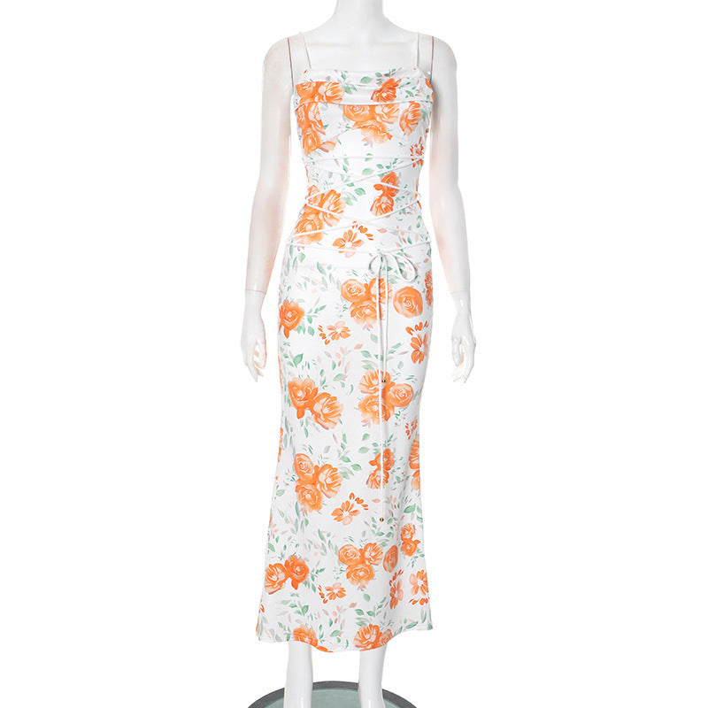 Waist Trimming Spaghetti Straps Printed Lace Up Dress - Enfance-Heureuse