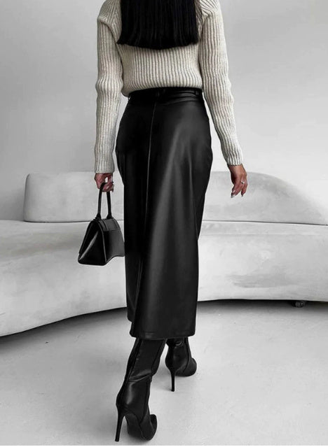 Autumn And Winter European And American Retro Leather Leather Skirt Split Skirt - Enfance-Heureuse
