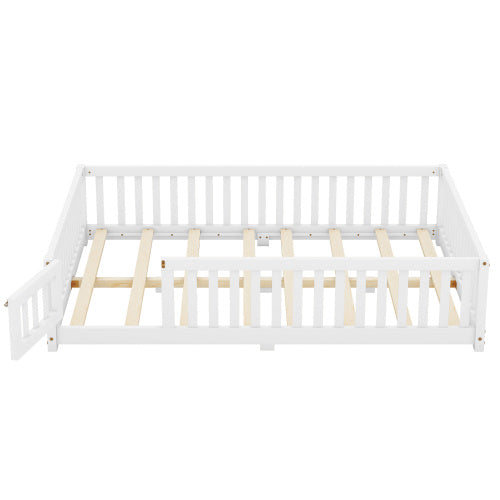 Full Size Bed Floor Bed With Safety Guardrails And Door For Kids, White - Enfance-Heureuse