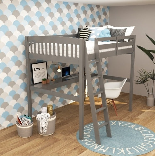 Everest Grey High Loft Bed With Desk And Storage, Heavy Duty Solid Wood Full Size Loft Bed Frame With Stairs For Kids And Toddlers, No Box Spring Needed - Enfance-Heureuse