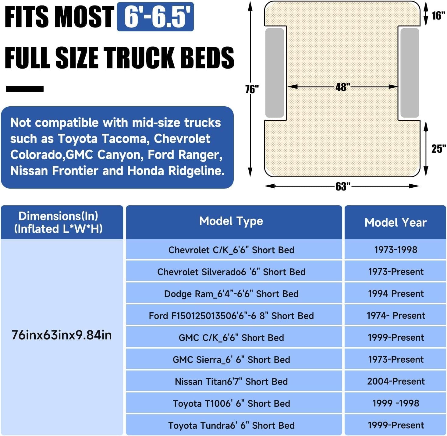 Truck Bed Air Mattress For 6.0-6.5ft Full-size Short Beds, Easily Inflates And Deflates With Built-In Rechargeable Air Pump Camping Bed Outdoor Mattress - Enfance-Heureuse