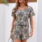 Loose Printed Casual Suit V-neck Short Sleeve Top Elastic Waist Shorts - Enfance-Heureuse