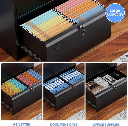 4 Drawer Lateral File Cabinet, Metal Wide Filing Cabinet With Independent Locks, Home Office Furniture For Hanging Files Letter Legal F4 A4 Size, Assembly Required, Black