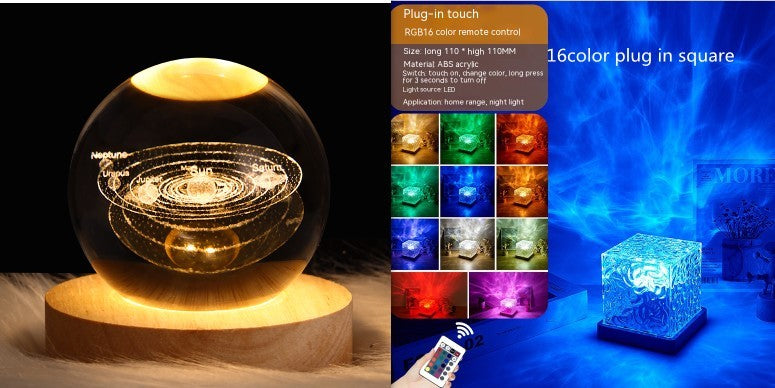 LED Water Ripple Ambient Night Light USB Rotating Projection Crystal Table Lamp RGB Dimmable Home Decoration 16 Color Gifts - Enfance-Heureuse