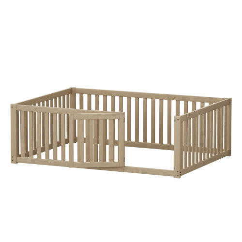 Kinderbett 140 X 200 Holzboden Bettrahmen Mit Zaun Und Tur Holzfarbe - Enfance-Heureuse