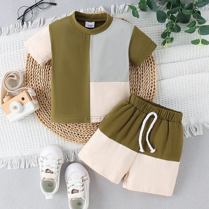 Spring And Summer Boys' Multicolor Stitching Round Neck Short-sleeved - Enfance-Heureuse