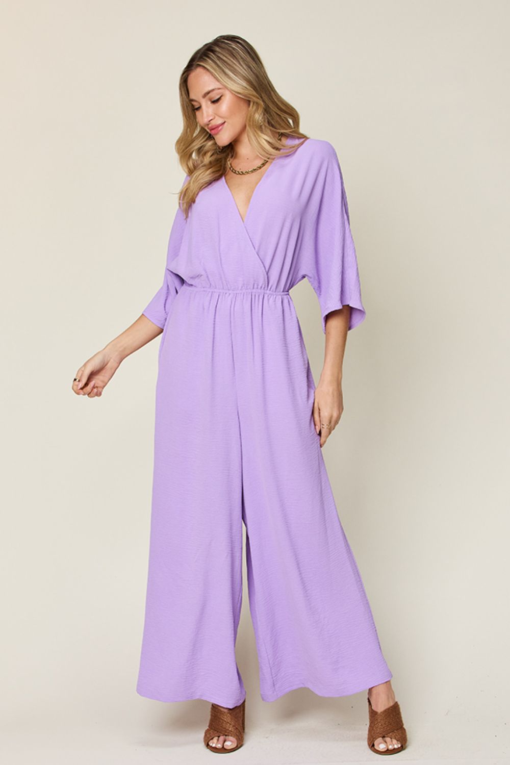 Double Take Full Size Surplice Wide Leg Jumpsuit with Pockets - Enfance-Heureuse