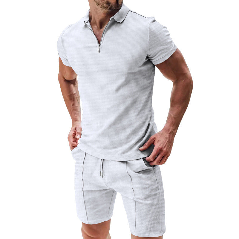 2Pcs Casual Waffle Suit Summer Zipper Lapel Short-sleeved Top And Drawstring Pockets Shorts Versatile Solid Color T-shirt Set For Mens Clothing - Enfance-Heureuse