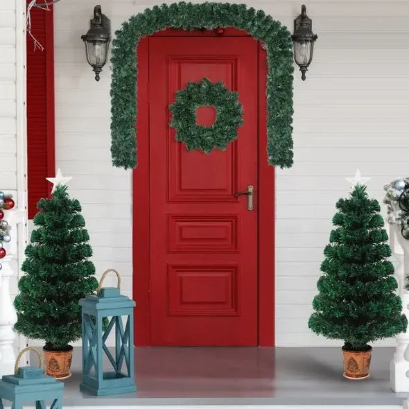 Pre-lit Optical Fiber Christmas Artificial Tree 4-Piece Set, Christmas Garland, Wreath And Set Of 2 Entrance Trees With Colorful Lights, PVC Festival Celebration Set - Enfance-Heureuse