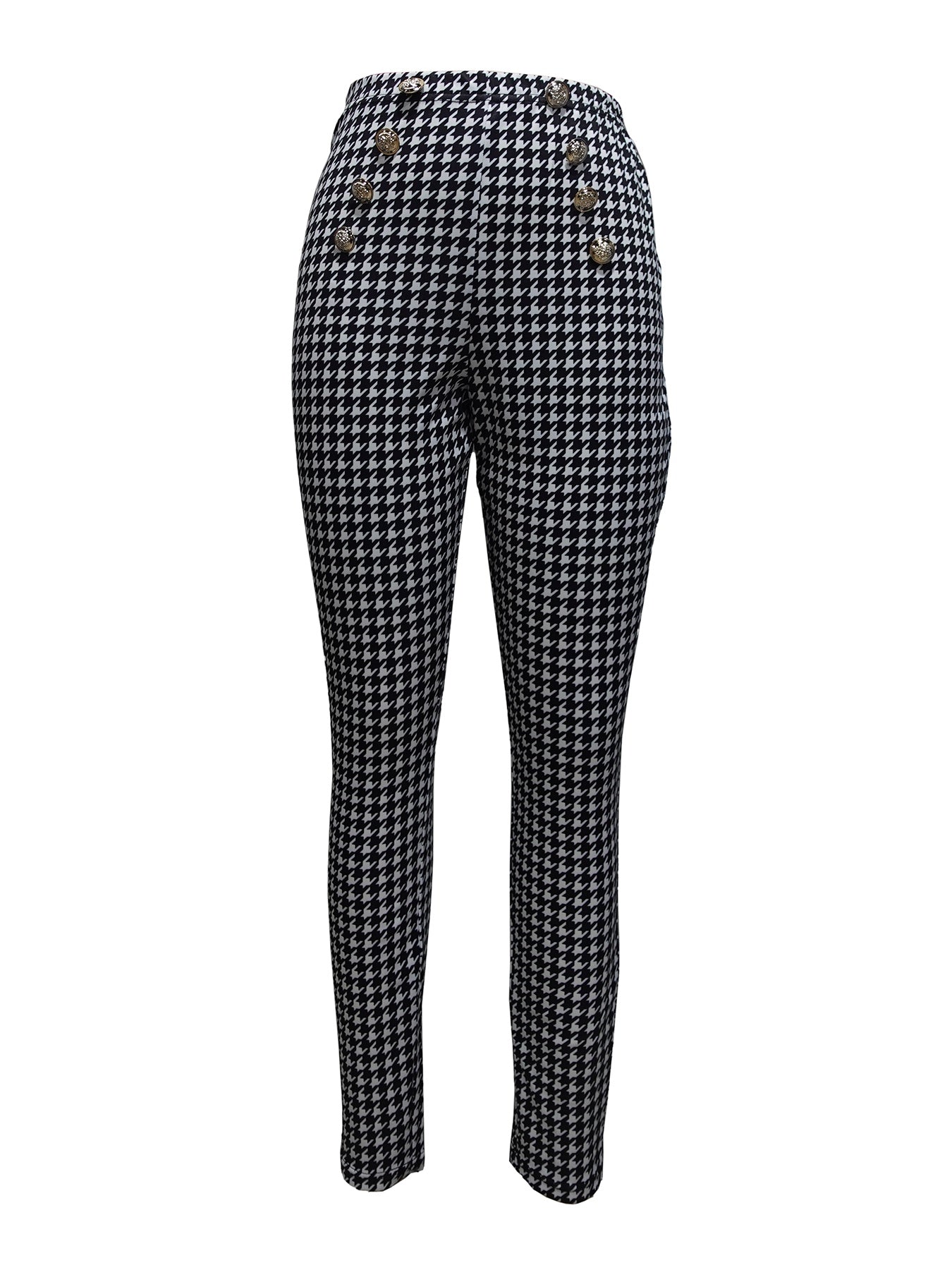 Ladies' Thousand Bird Grid Design Button Casual High Waist Slimming Pants - Enfance-Heureuse