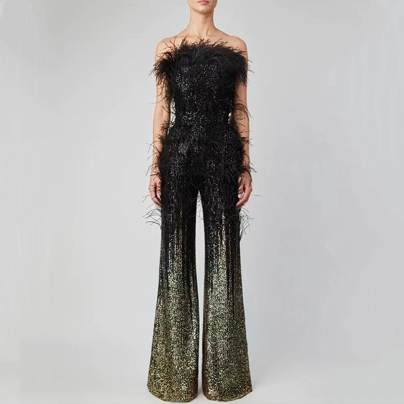 Ostrich Feather Gradient Sequin Tube Top Jumpsuit - Enfance-Heureuse