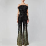 Ostrich Feather Gradient Sequin Tube Top Jumpsuit - Enfance-Heureuse