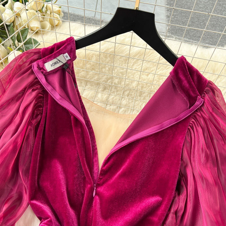 Vintage Velvet Dress High-end Affordable Luxury Niche Lantern Sleeve Slim Mid-length Split Knee-length Court Style Dress - Enfance-Heureuse