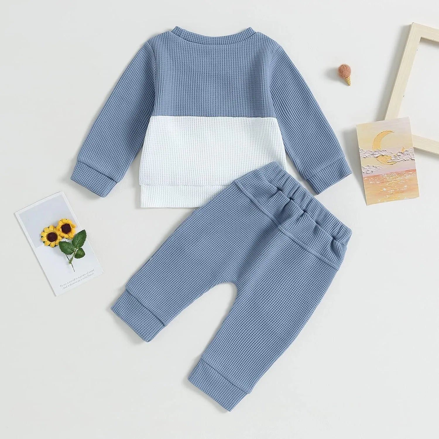 Color Matching Pocket Waffle Sweater Lace-up Sweatpants 2-Piece Children's Fashion Casual Wear Baby Suit - Enfance-Heureuse