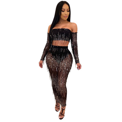 Fashion Sexy See-through Mesh Sequins Tassel Two-piece Set - Enfance-Heureuse
