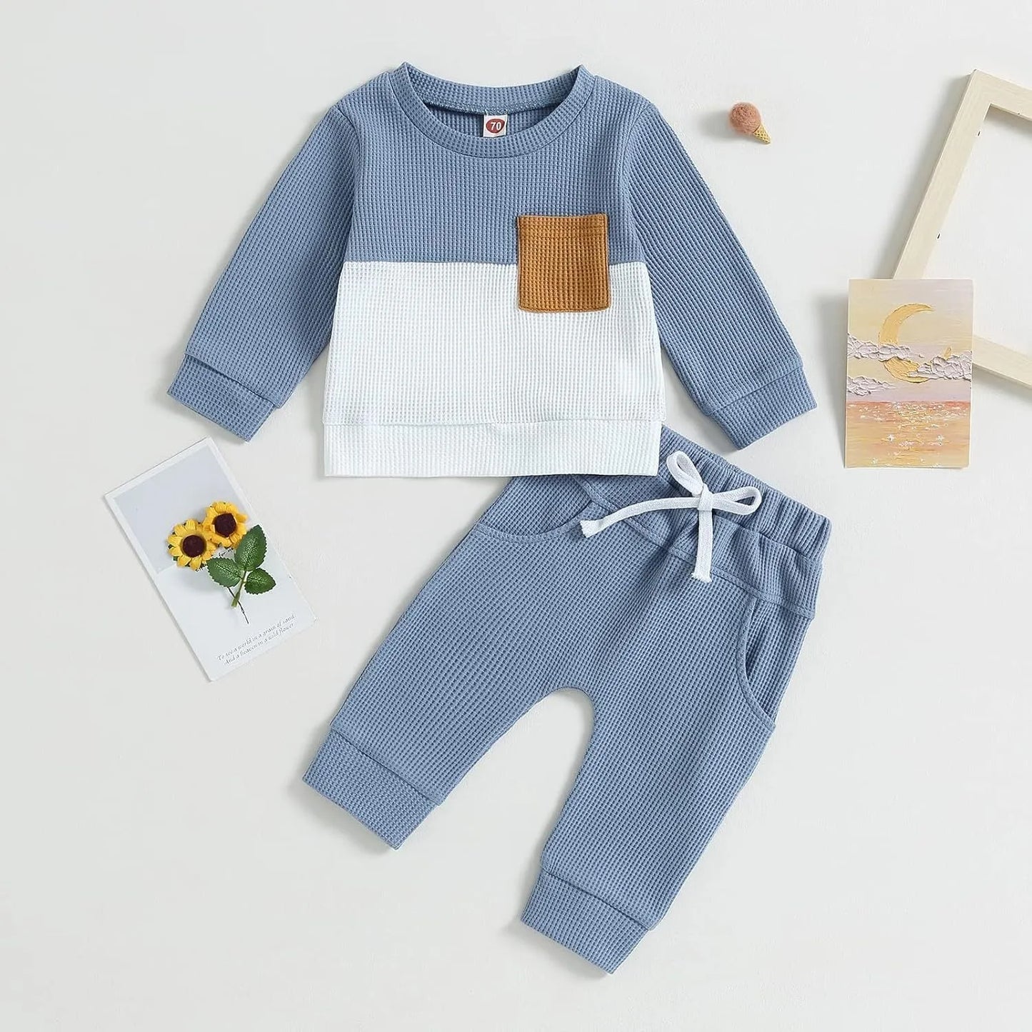 Color Matching Pocket Waffle Sweater Lace-up Sweatpants 2-Piece Children's Fashion Casual Wear Baby Suit - Enfance-Heureuse