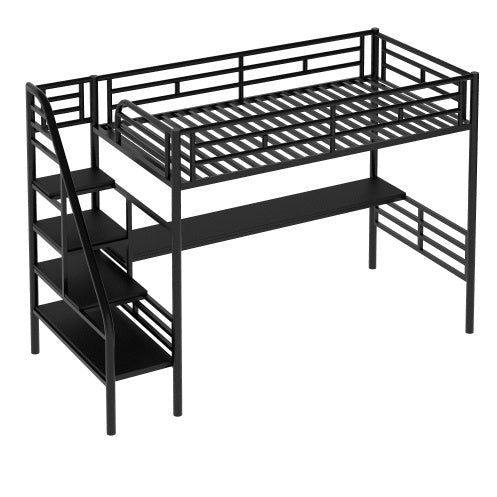 Metal Loft Bed Frame With Desk, No Box Spring Needed,Twin ,Black - Enfance-Heureuse