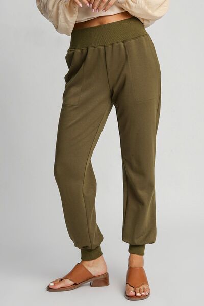 Pantalon de jogging Umgee taille haute en tricot élastique avec poches, grande taille