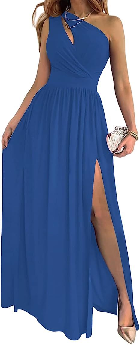 Women's One Shoulder High Split Cutout Sleeveless Elegant Sexy Cocktail Maxi Dress - Enfance-Heureuse