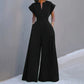 Women's V-Neck Solid Color Short Sleeve Jumpsuit Wide Leg A-Line Waist Tied Casual Summer Outfit - Enfance-Heureuse