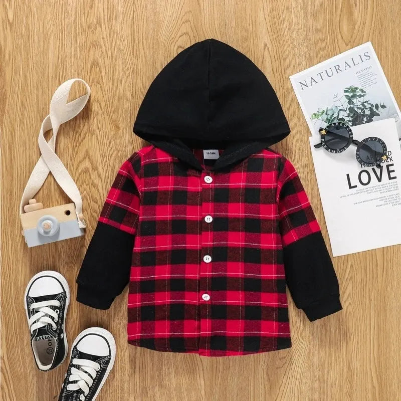 Hooded Plaid Sleeves Single Breasted Top Boys Middle Child Shirt Jacket - Enfance-Heureuse