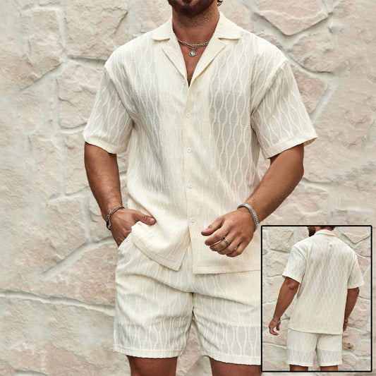 Men Tracksuits Summer Fashion Solid Loose Casual Two Pieces Lapel Button Shirt Shorts Beach Holiday All-match Outfits Male - Enfance-Heureuse