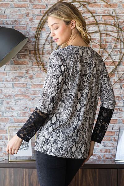 Heimish Full Size Snakeskin Print Round Neck Lace Contrast Top - Enfance-Heureuse