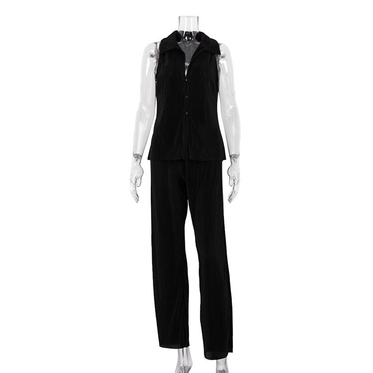 Casual Solid Color Sleeveless Shirt High Waist Trousers Pleated Suit - Enfance-Heureuse
