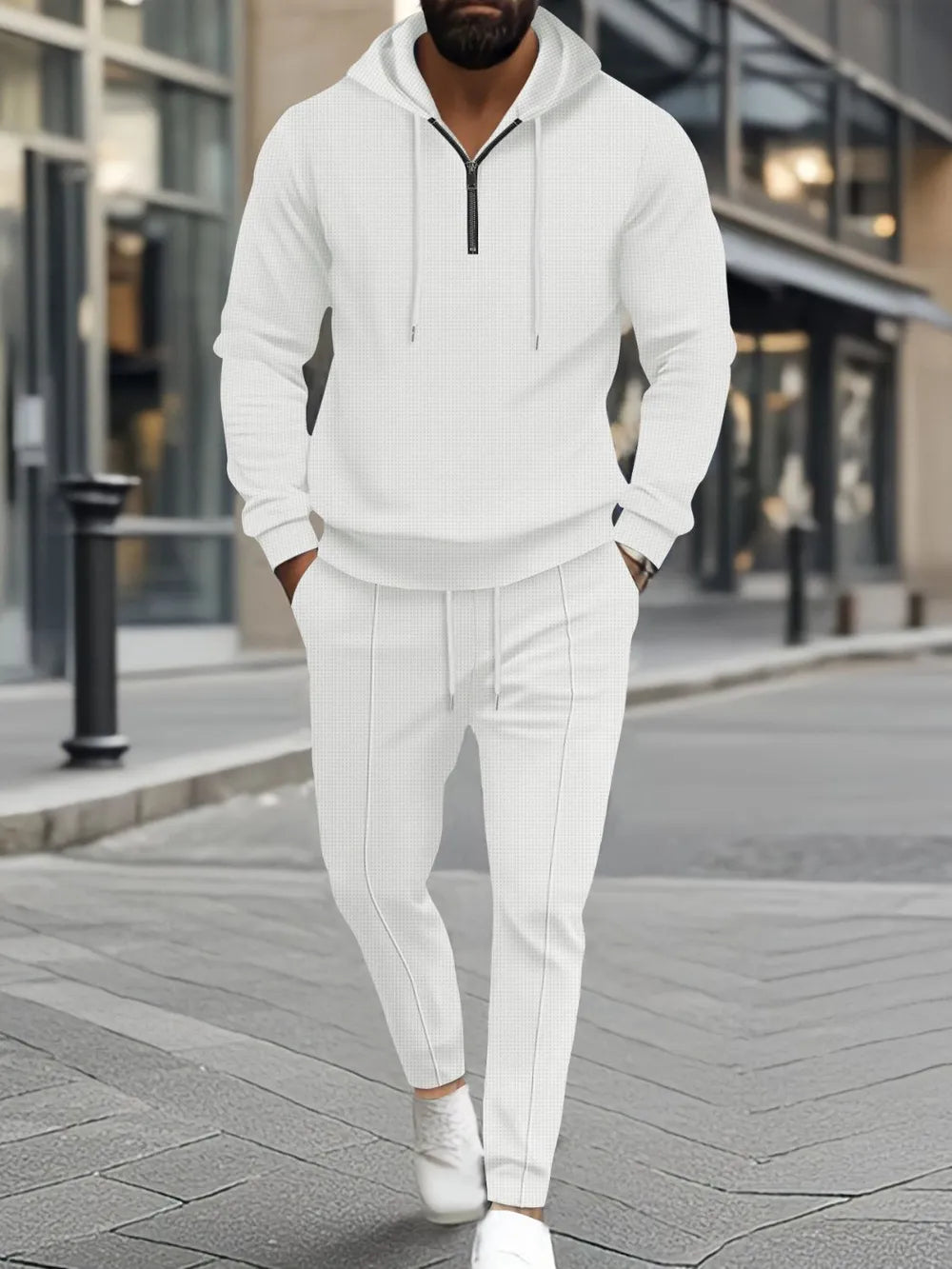 Men's Full Size Waffle-Knit Half Zipper Hoodie and Pants Set Plus Size - Enfance-Heureuse