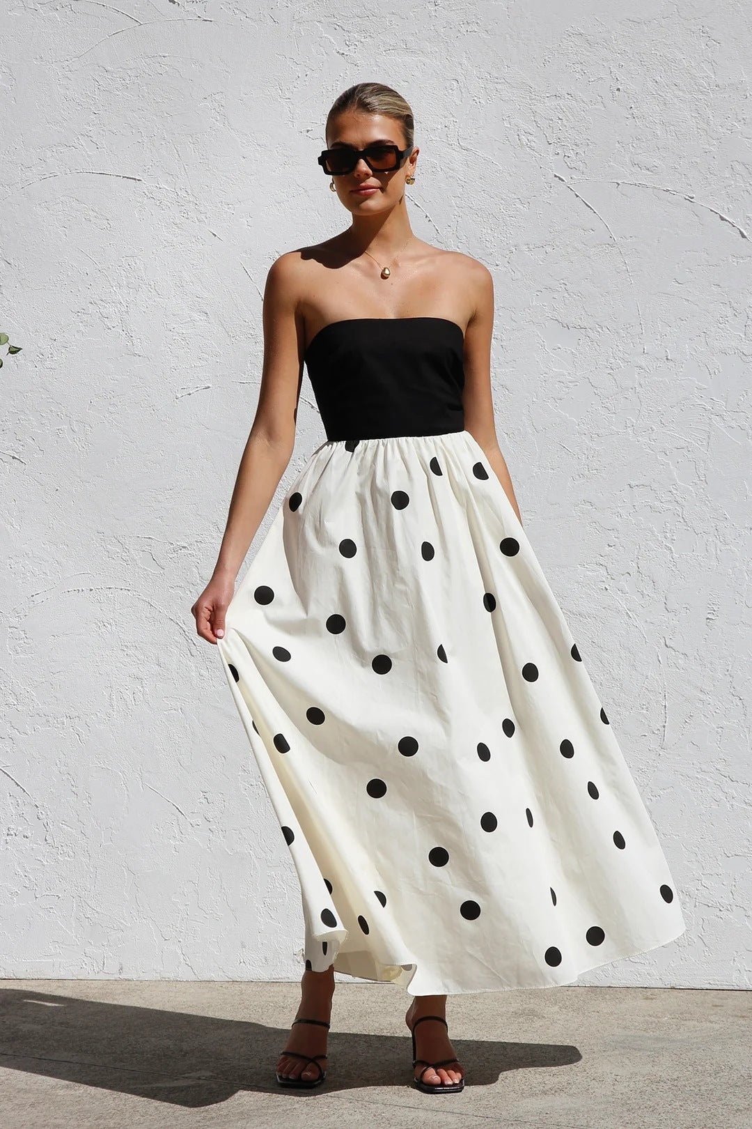 Polka Dot Print Stitching Chest Wrap A- Line Dress - Enfance-Heureuse