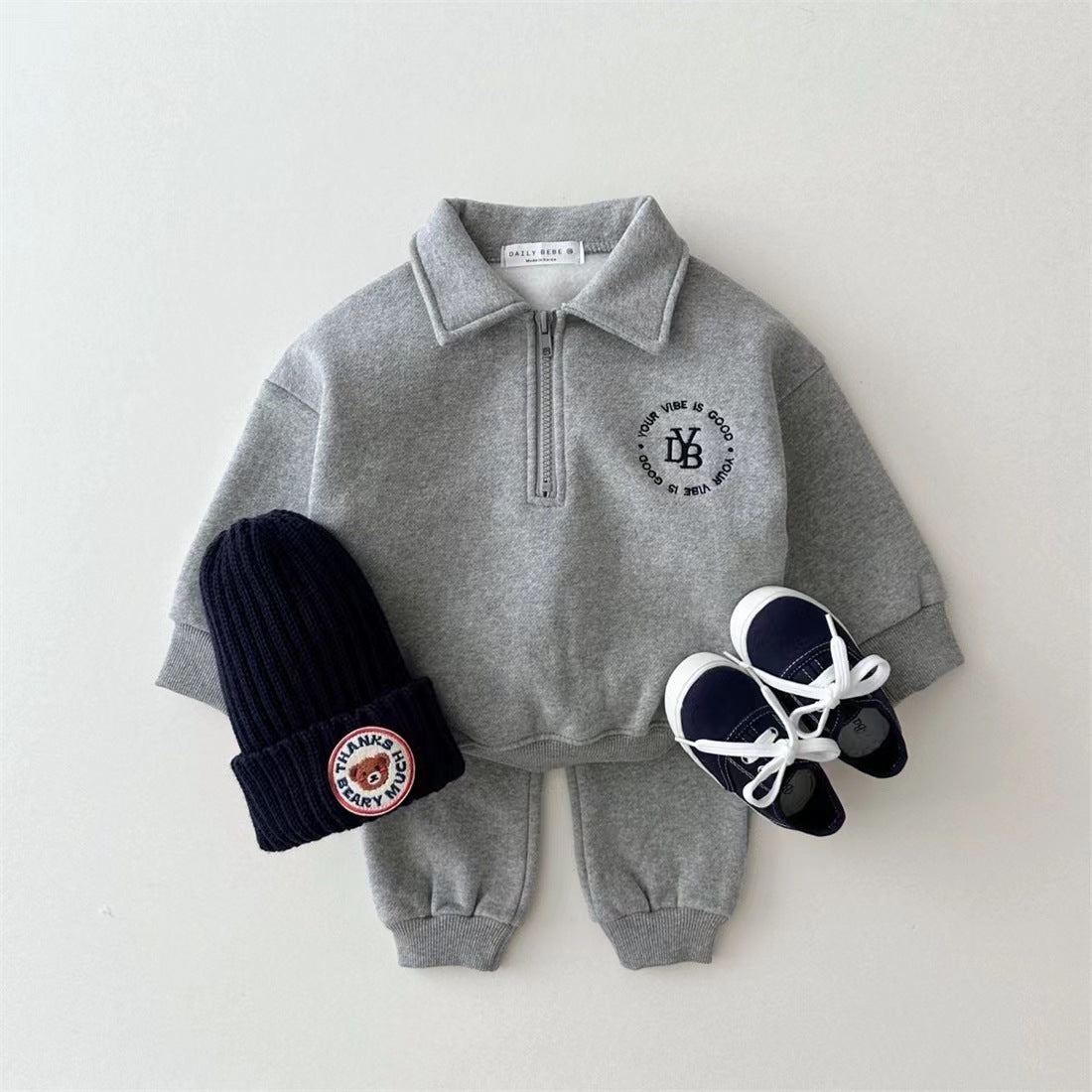 Fleece-lined Lapel Sweatshirt And Sweatpants Suit Children's Two-piece Suit - Enfance-Heureuse