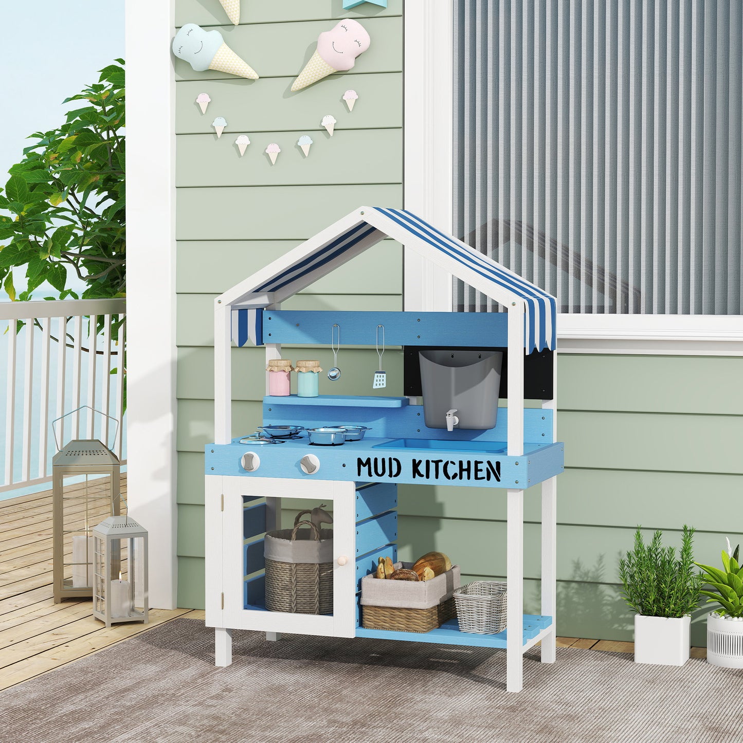 Wooden Mud Kitchen For Kids Outdoor With Sink, Faucet, Water Tank, Storage Shelves, Accessories For Boys And Girls, Blue