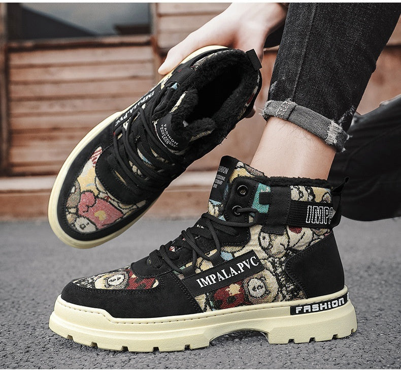 Fleece-lined Warm Martin Boots Worker Boot Men's Motorcycle Boots Student High-top Cotton Shoes - Enfance-Heureuse