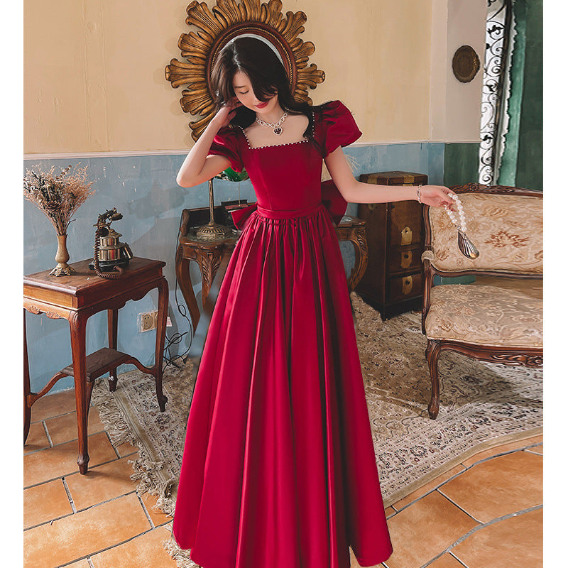 Winter Wine Red Engagement Daily French Princess On The Run Satin Dress - Enfance-Heureuse