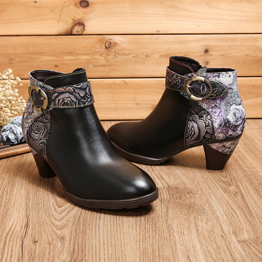 Side Zipper Leather Loop Buckle Fashion Boots Ankle Boots Women's Mid-heel Shoes - Enfance-Heureuse