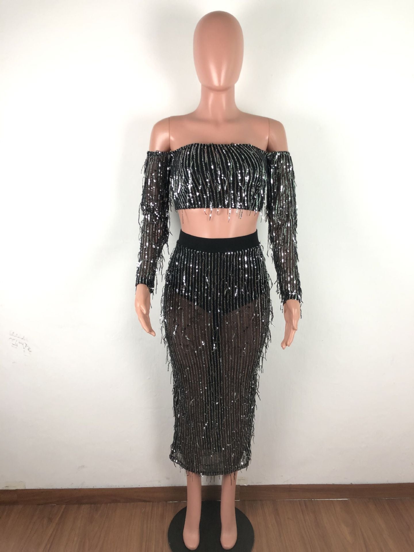 Fashion Sexy See-through Mesh Sequins Tassel Two-piece Set - Enfance-Heureuse