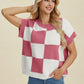 Double Take Full Size Checkered Round Neck Short Sleeve Sweater - Enfance-Heureuse