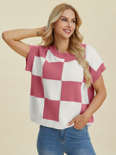 Double Take Full Size Checkered Round Neck Short Sleeve Sweater - Enfance-Heureuse