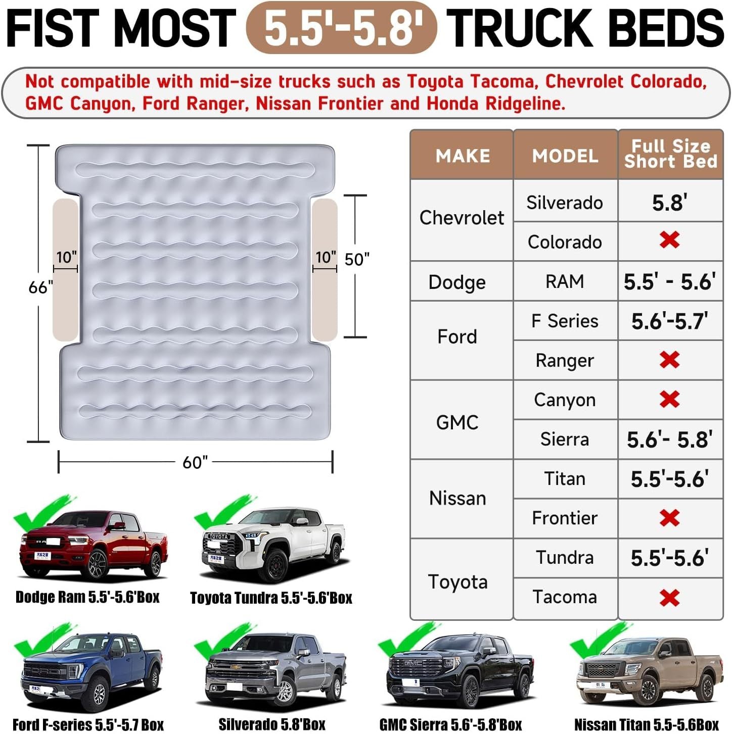 Truck Bed Air Mattress For 5.5-5.8ft Short Beds, Easily Inflates And Deflates With Built-In Rechargeable Air Pump Camping Bed Outdoor Mattress - Enfance-Heureuse