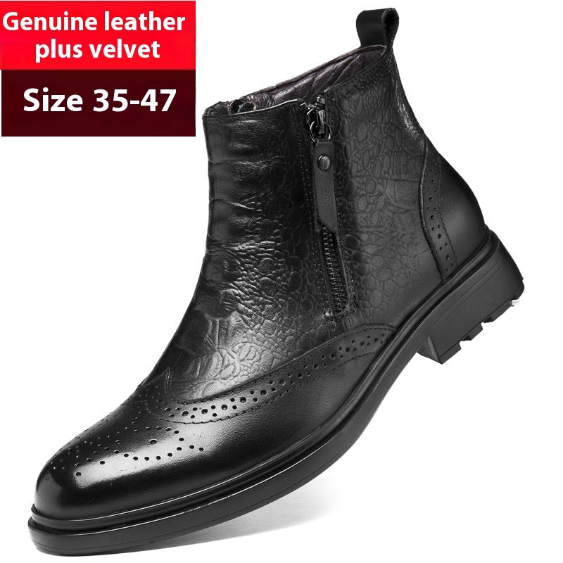 High-top Leather Shoes Height Increasing Shoes 46 Brogue Trendy Ankle Boots - Enfance-Heureuse