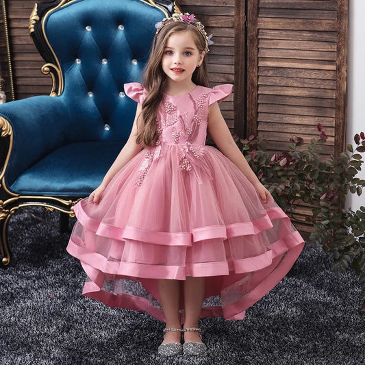 Girls' Princess Dress Short Front And Long Back Flower Girl Little Host Tail Costume - Enfance-Heureuse