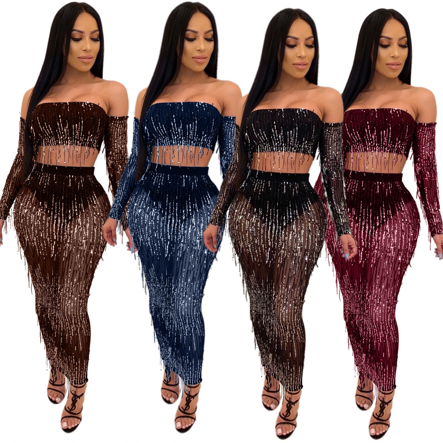 Fashion Sexy See-through Mesh Sequins Tassel Two-piece Set - Enfance-Heureuse