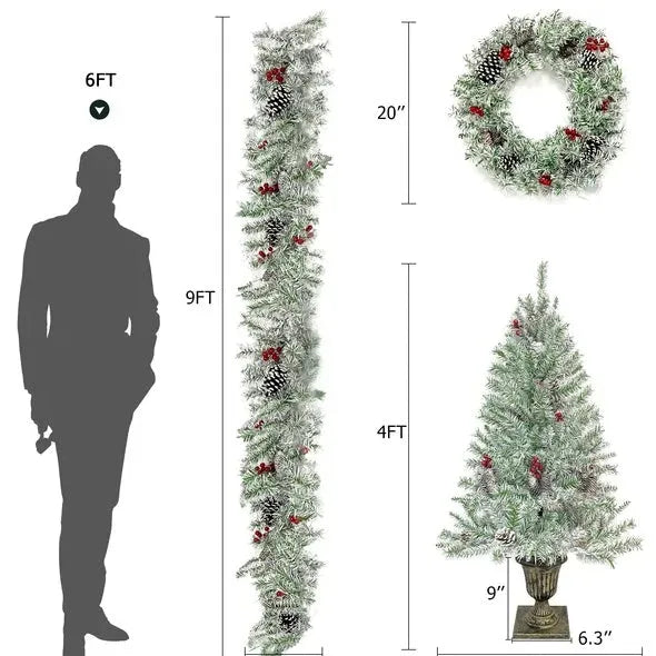 Pre-lit Xmas Tree Artificial Christmas 4-Piece Set,Garland, Wreath And Set Of 2 Entrance Trees X-mas - Enfance-Heureuse