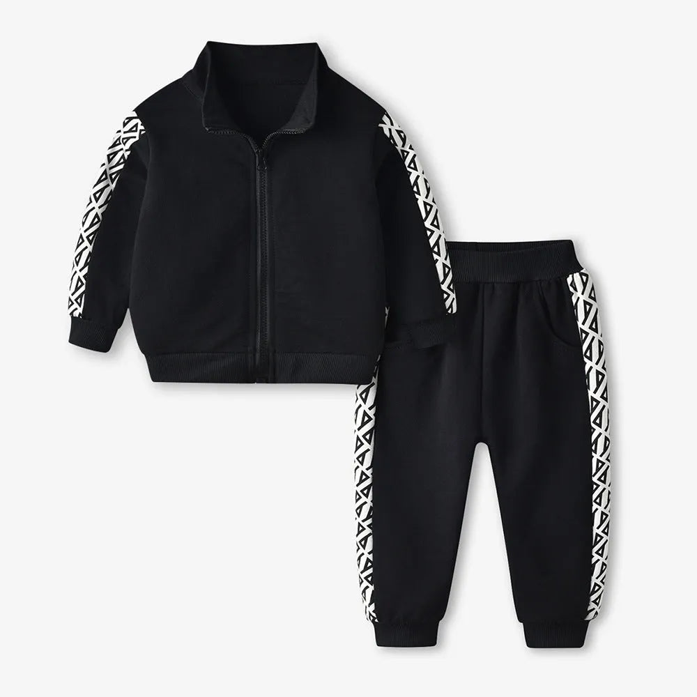 CUHK Enfants À Manches Longues Imprimé Fermeture Éclair Chemise Casual Pantalon De Sport Mis Noir Deux-Pièce Ensemble