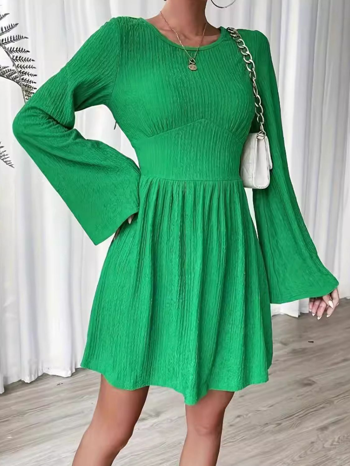 Round Neck Flare Sleeve Mini Dress - Enfance-Heureuse