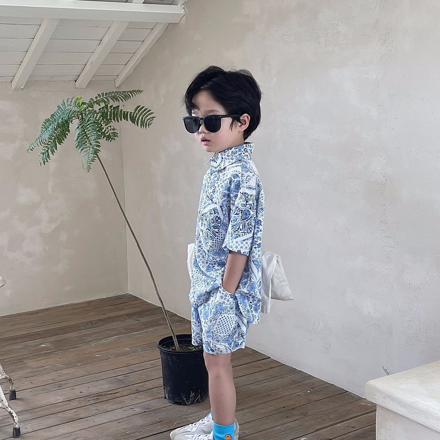 Printed Shirt Boys Vacation Style Chiffon Shirt Shorts Suit - Enfance-Heureuse